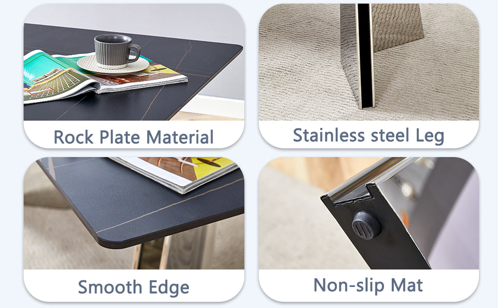 Table And Chair Set.63"X31.5X30" Black Marble Patterned Slabs Tabletop With Stainless Steel Butterfly Legs.Paried With 4 Light Gray High Quality Pu Chairs With Silver Metal Legs. Light Gray,Silver