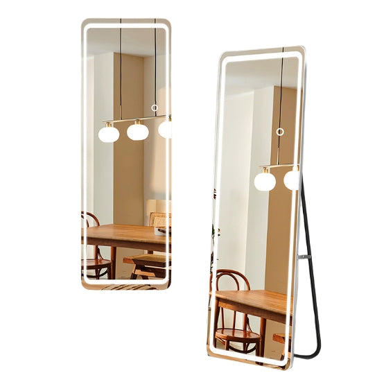 Floor Mirror With Led Light, 63" X 20" Full Length Mirror With Stand, Hanging Mirror Wall Mounted Mirror With Dimming & 3 Color Lighting, Full Body Mirror For Living Room Bedroom Cloakroom, White White Glass Metal