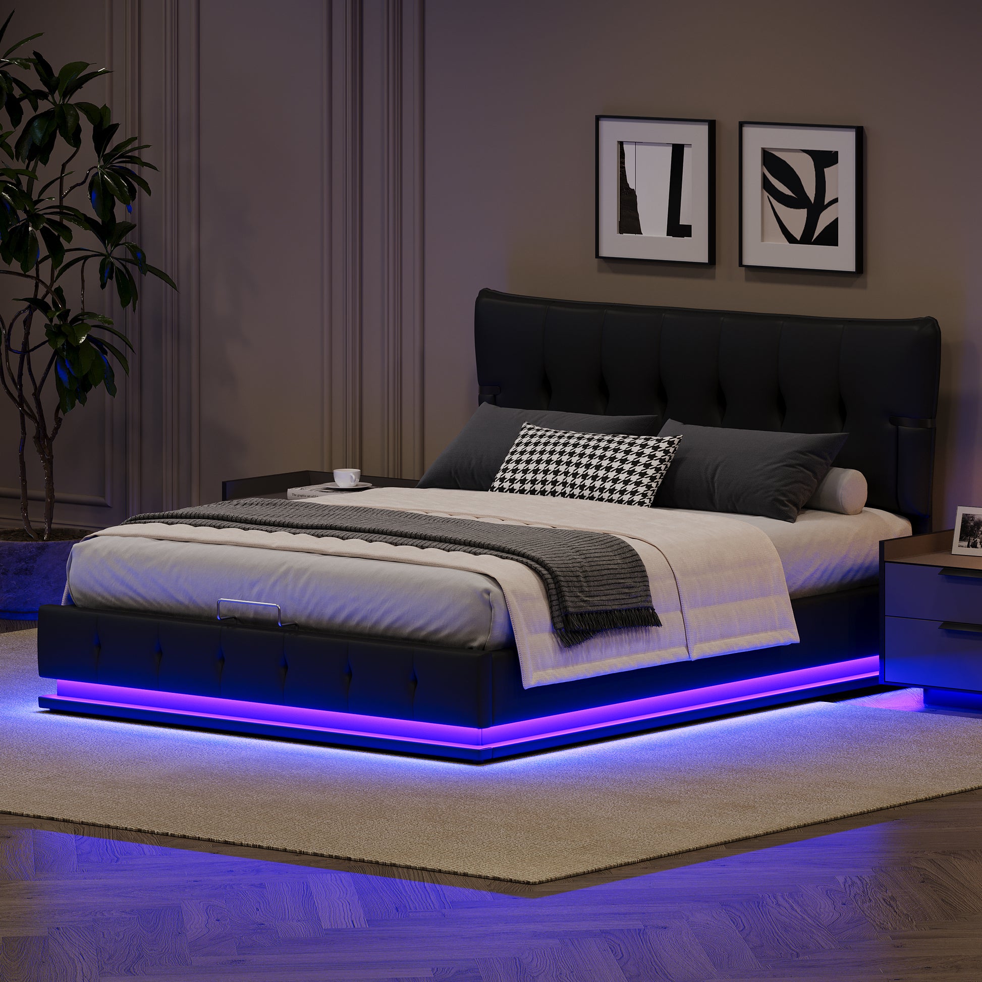 Upholstered Platform Queen Size Hydraulic Storage Bed, Lift Up Storage Bed With Rgb Led Light, Pu Leather Headboard And Footboard, No Box Spring Needed, Black Queen Black Wood Metal