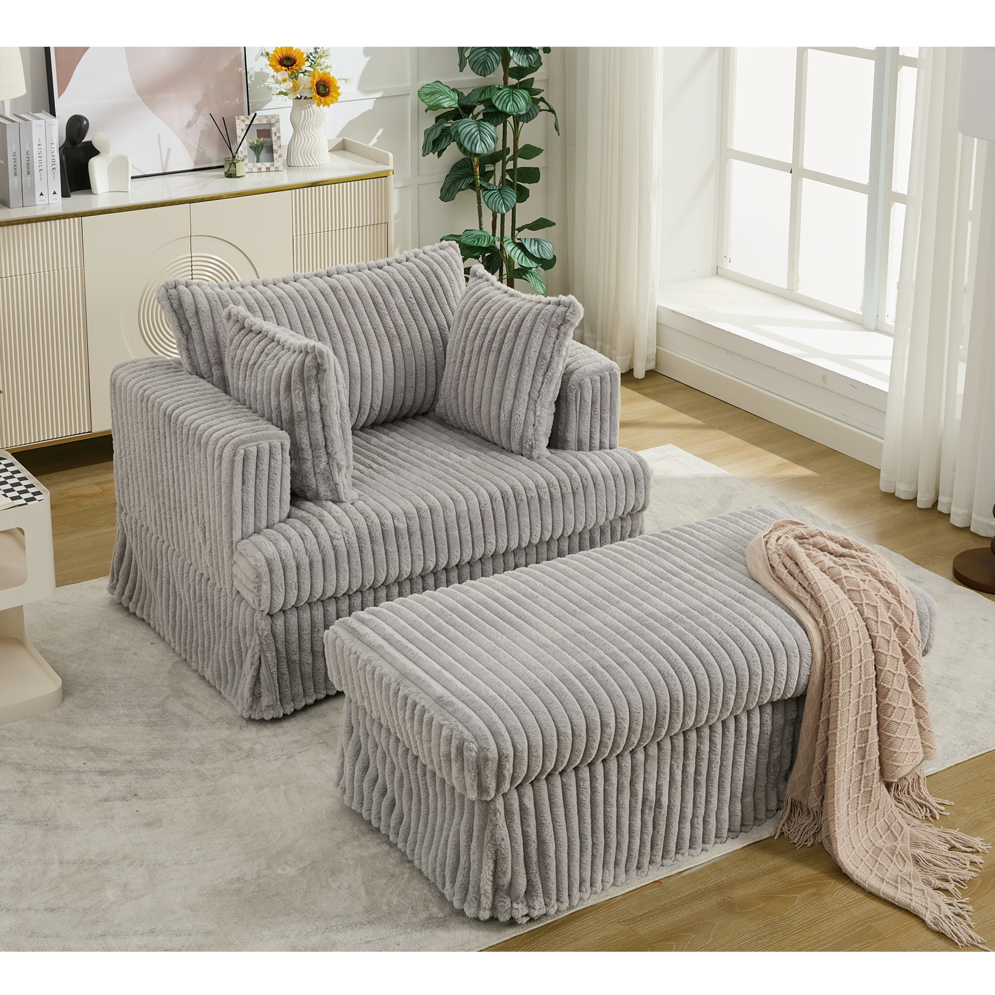 Arrived 47.7'' Oversized Corduroy Chaise Longue With Ottoman, Deep Seat Reclining Chair Sofa, Comfy Thicked Upholstered Pad Chair ,With Foot Stool ,Oversize, Movable Ottoman,Light Gray Light Gray