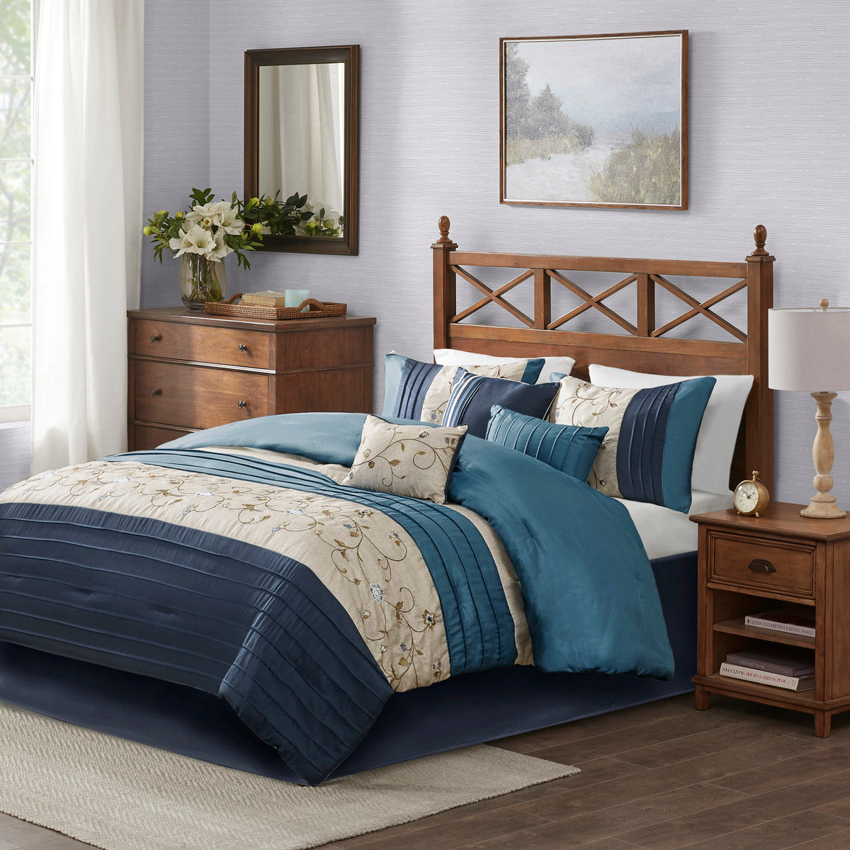 Embroidered 7 Piece Comforter Set Navy Queen Queen Navy Polyester