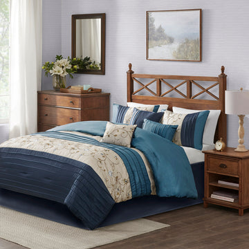 Embroidered 7 Piece Comforter Set Navy Queen Queen Navy Polyester