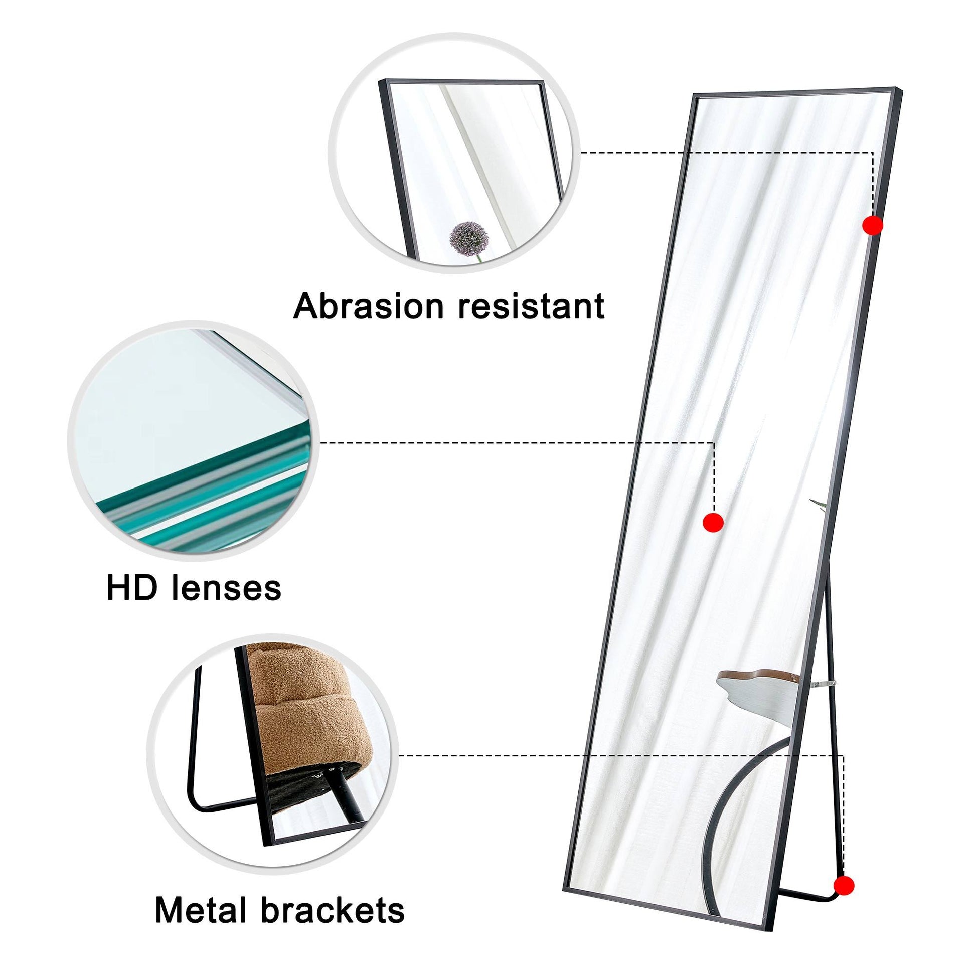 4Th Generation Aluminum Alloy Metal Frame Full Body Mirror, Quality Upgrade, Bathroom Makeup Mirror, Bedroom Entrance, Floor Mirror, 59 "* 15.7" W151124219 Transparent Glass