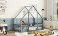 Twin Wood House Shaped Floor Bed With Fence, Guardrails ,Grey Twin Grey American Design Pine