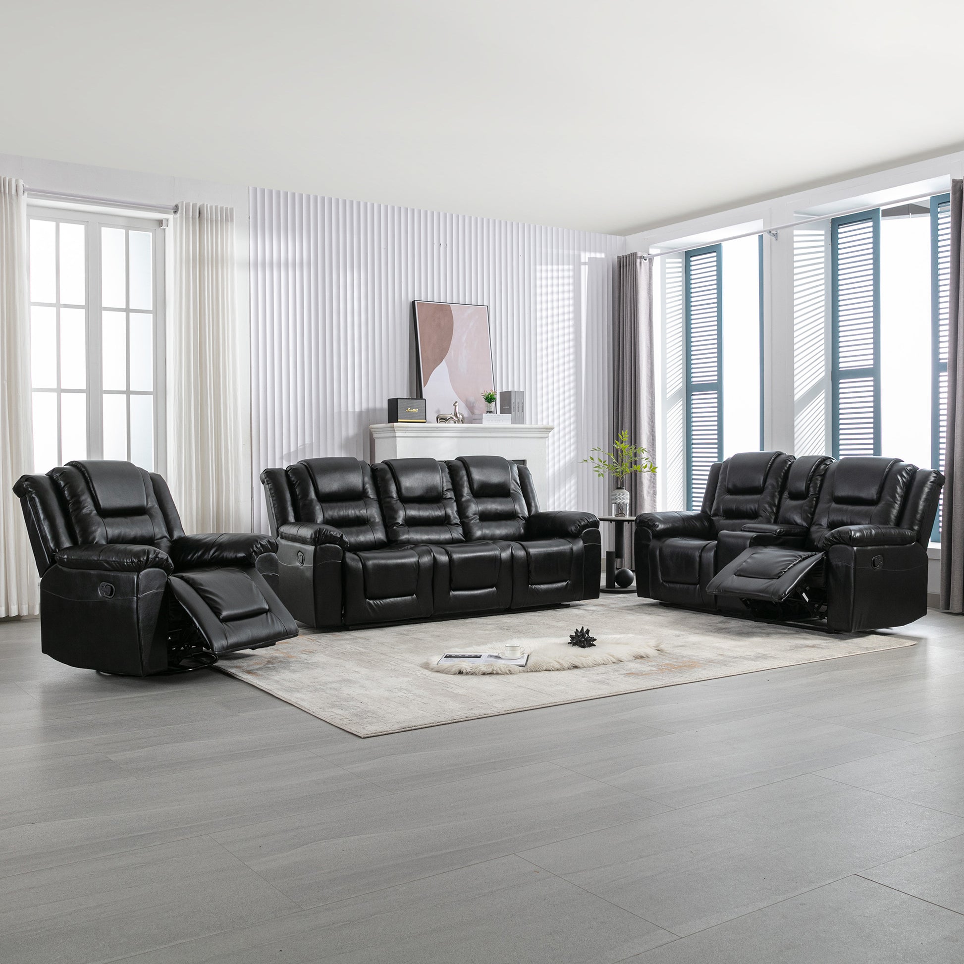 Home Theater Recliner Set Manual Recliner Chair With Wide Armrest, Two Built In Cup Holders For Living Room,Bedroom, Black Old Sku:Sg000760Aab Black Foam Pu Leather