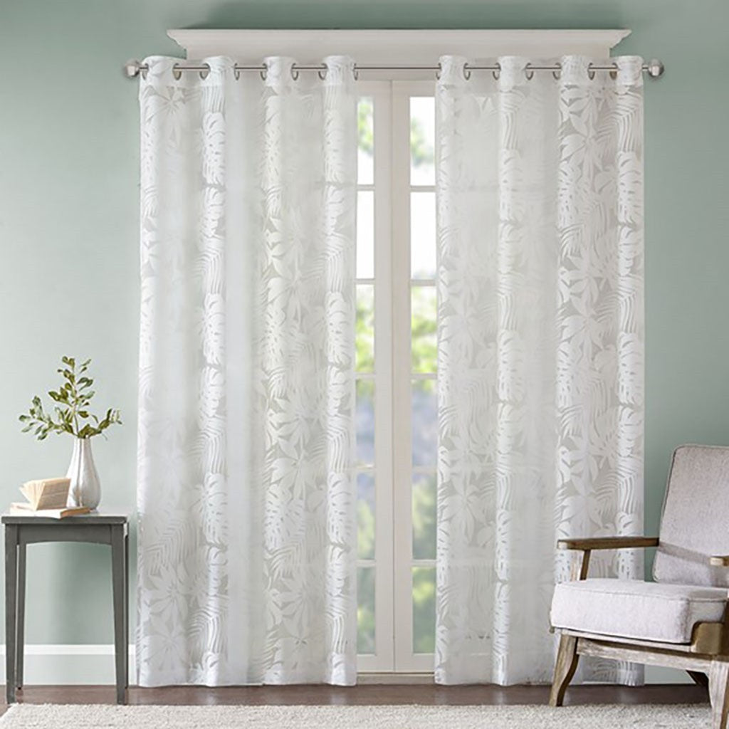 Palm Leaf Burnout Window Sheer Silver White Polyester