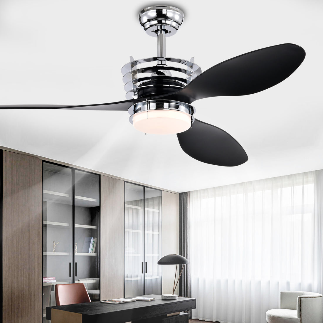 52'' Abs Blades Ceiling Fan With Lights And Dc Remote, Dc Motor Modern Ceiling Fan With 3 Abs Fan Blades & 2 Down Rods, Indoor Ceiling Fan With Light For Bedroom,Living Room Chrome American Design Abs Metal