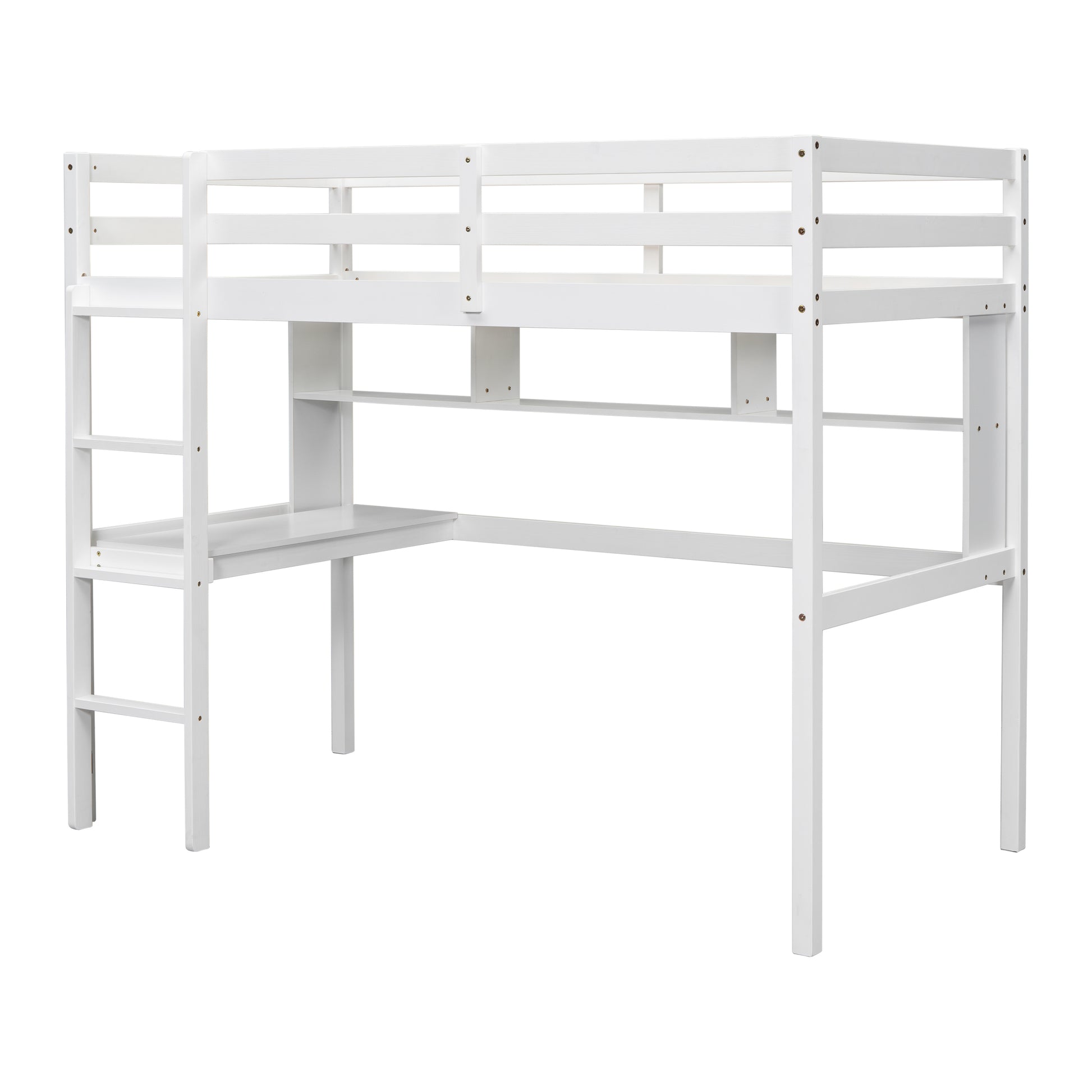 Twin Loft Bed With Built In Desk And Bookcase Of Three Compartments, Guardrails And Ladder,White Twin White Pine