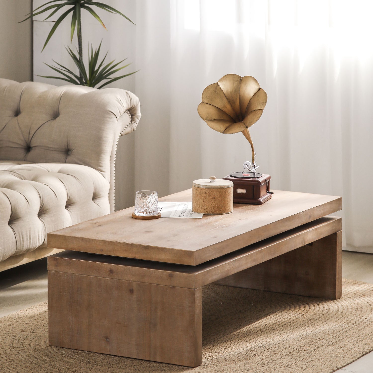 Natural Wood Living Room Table Versatile Coffee Table 2 Tiered Wood Tabletop Table 47.6" L * 23.6" W * 16.3" H Light Brown Distressed Finish Dining Room Fir Rectangular Natural,Natural Wood,Natural Wood Wash,Natural Rustic,Wood Desk Top