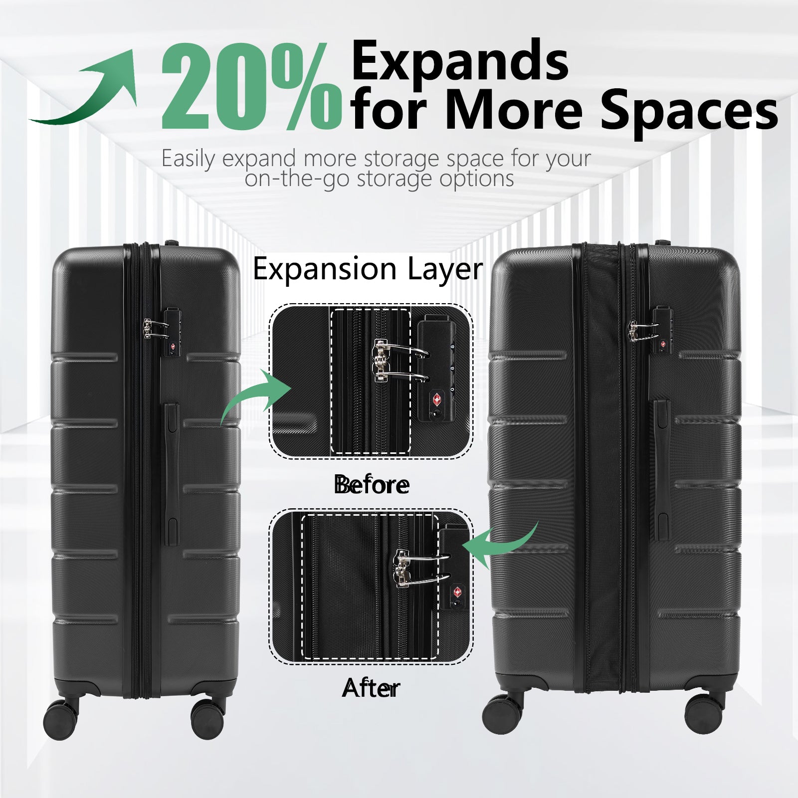 Hard Sided Expand Suitcase With Rotating Wheels, Tsa Lock, Retractable Handle, Black, 20" 28" 3 Pack Black Iron Plastic