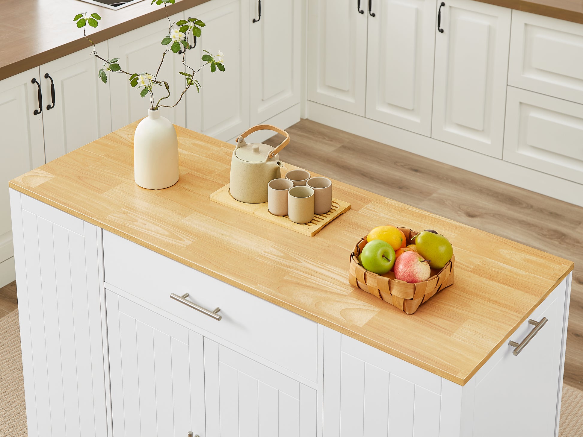 53 Inch Large Kitchen Island With Trash Can Storage Cabinet, Islands Table With Drawer And Adjustable Shelves, Breakfast Bar Cabinet For 13 Gallon Garbage Bin, White & Oak White Particle Board