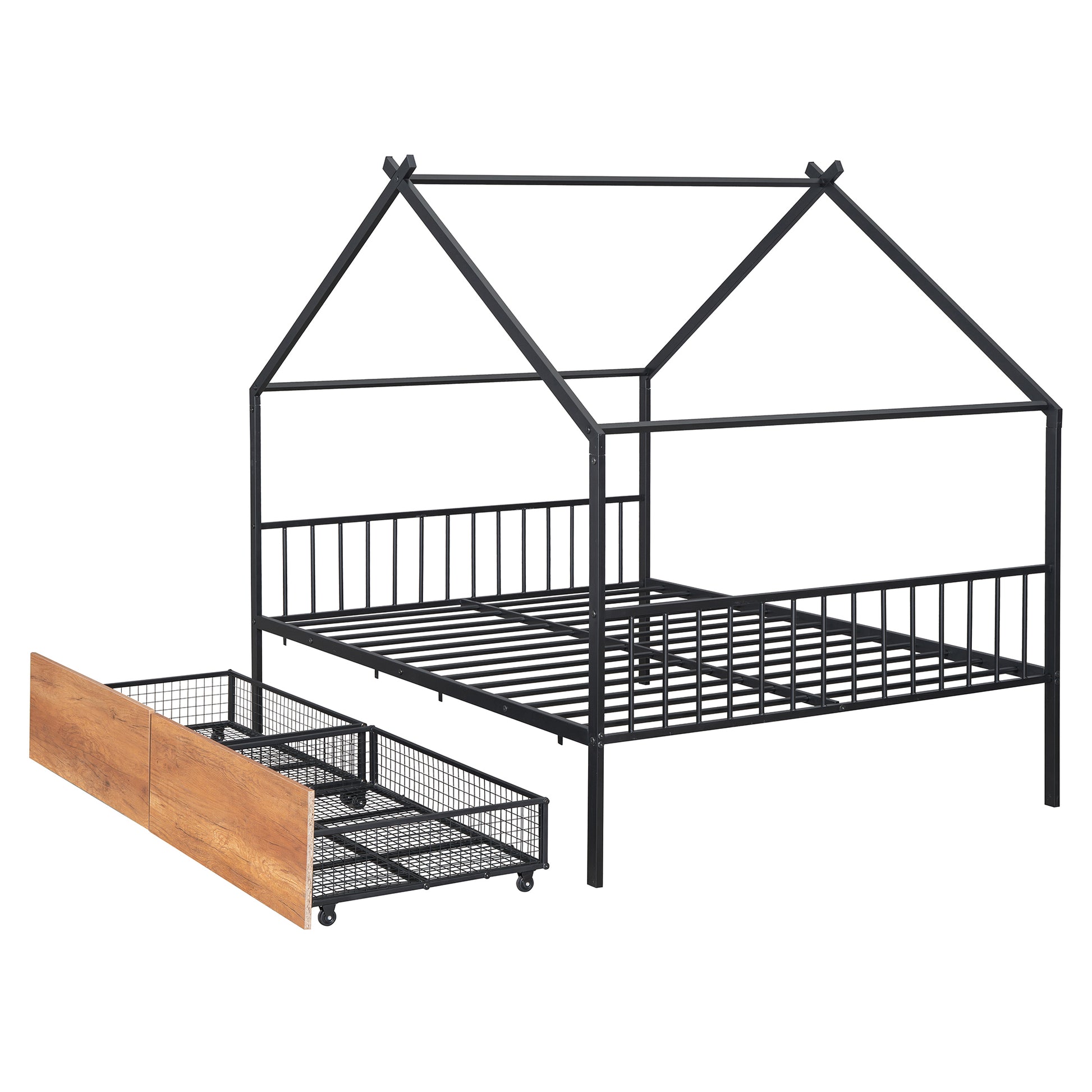 Full Size Metal House Bed With Two Drawers, Black Full Black Metal