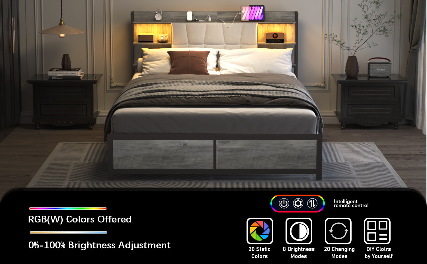King Size Bed Frame With Led Light & Power Outlet, Platform Bed With Upholstered Headboard And Storage, Sturdy Metal Slats Support, No Box Spring Needed, Easy Assembly, Noise Free Box Spring Not Required King Dark Oak Metal Bedroom Modern Bed Frame Mdf