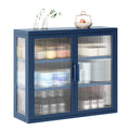 Retro Style Haze Double Glass Door Wall Cabinet With Detachable Shelves For Office, Dining Room,Living Room, Kitchen And Bathroom Blue Color Blue Tempered Glass Sheet Metal Plastic