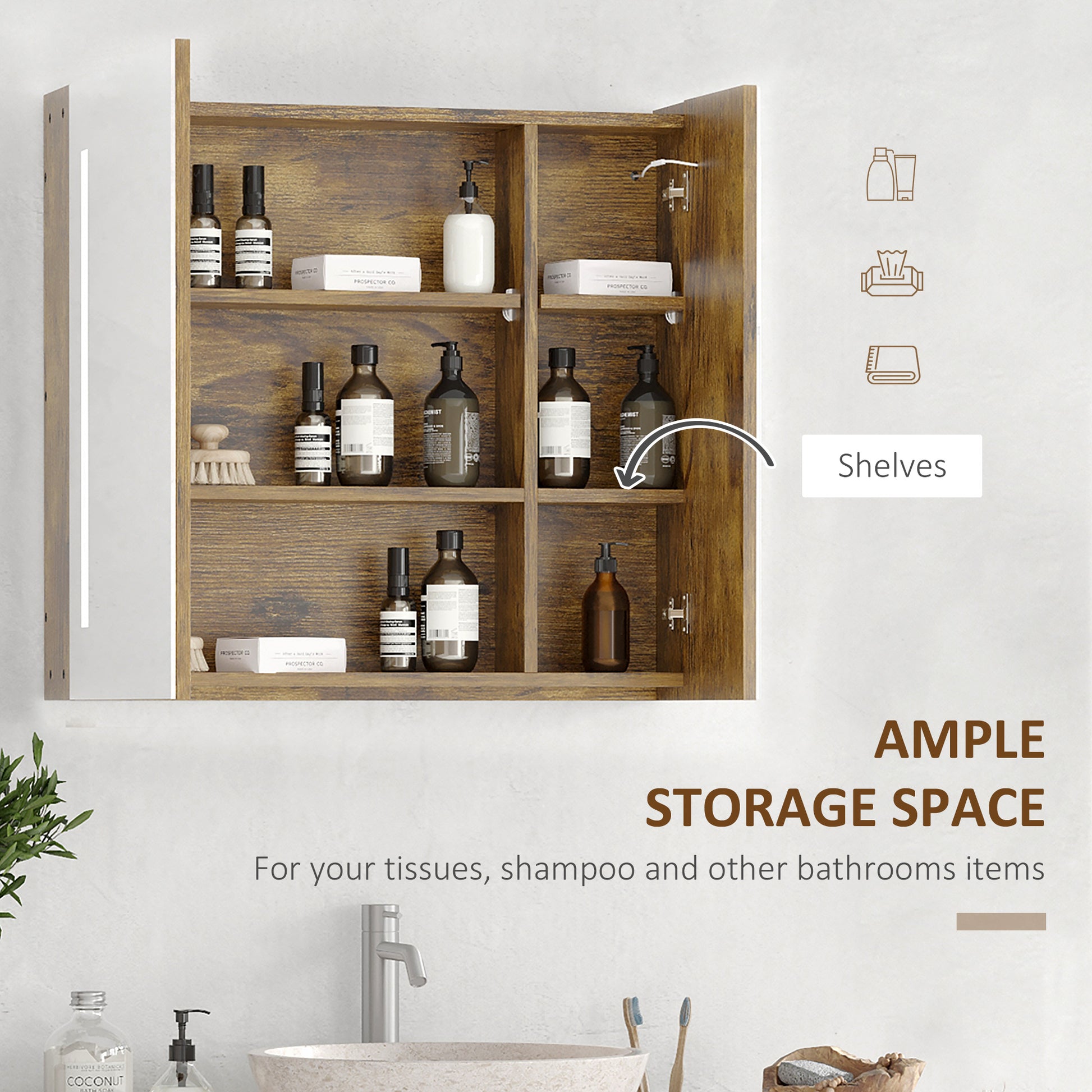 Kleankin Lighted Medicine Cabinet With Mirror, 27.5" X 25.5" Wall Mounted Dimmable Bathroom Mirror Cabinet With 3 Tier Storage Shelves, Led Lights, Smart Touch And Usb Charge, Dark Wood Grain Rustic Brown Mdf