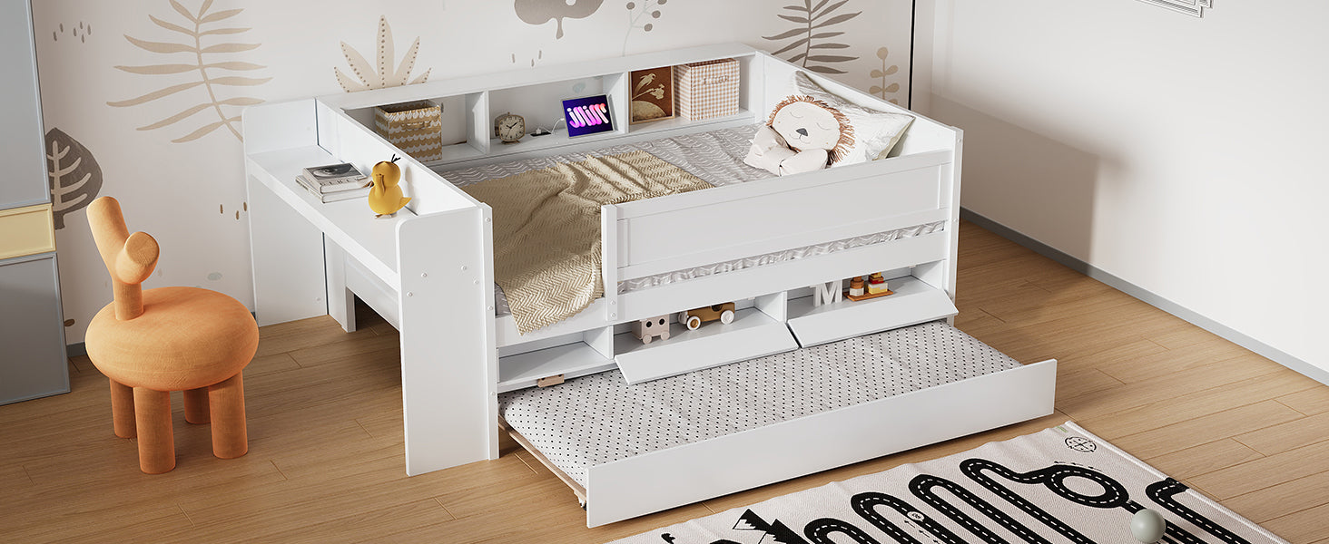 Multi Functional Twin Daybed With Drawers And Trundle, Headboard Storage And Tables, Usb Charging Station, White Box Spring Not Required Twin White Wood Daybeds Pine
