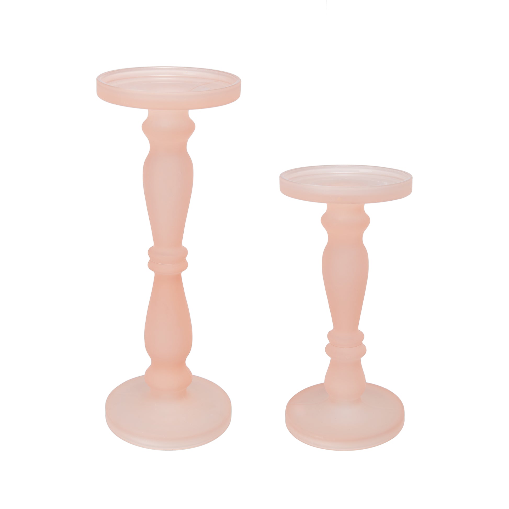 Qui 14, 11 Inch Candle Holders, Rose Pink Turned Pedestal Glass, Set Of 2 Pink Glass