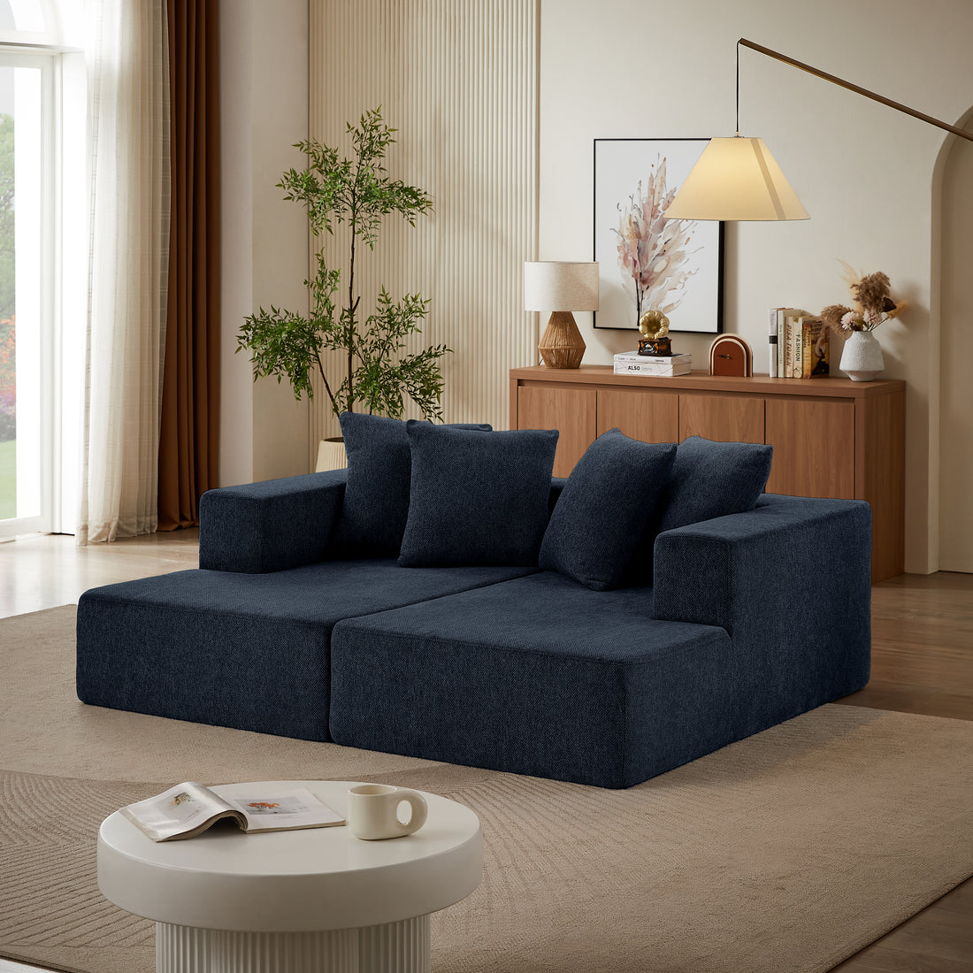 Chenille Sectional Sofa Modern Upholstered Chaise With Plush Seating, Fixed Cushions, And Versatile Design For Living Room, Bedroom, Office Blue Chenille 2 Seat