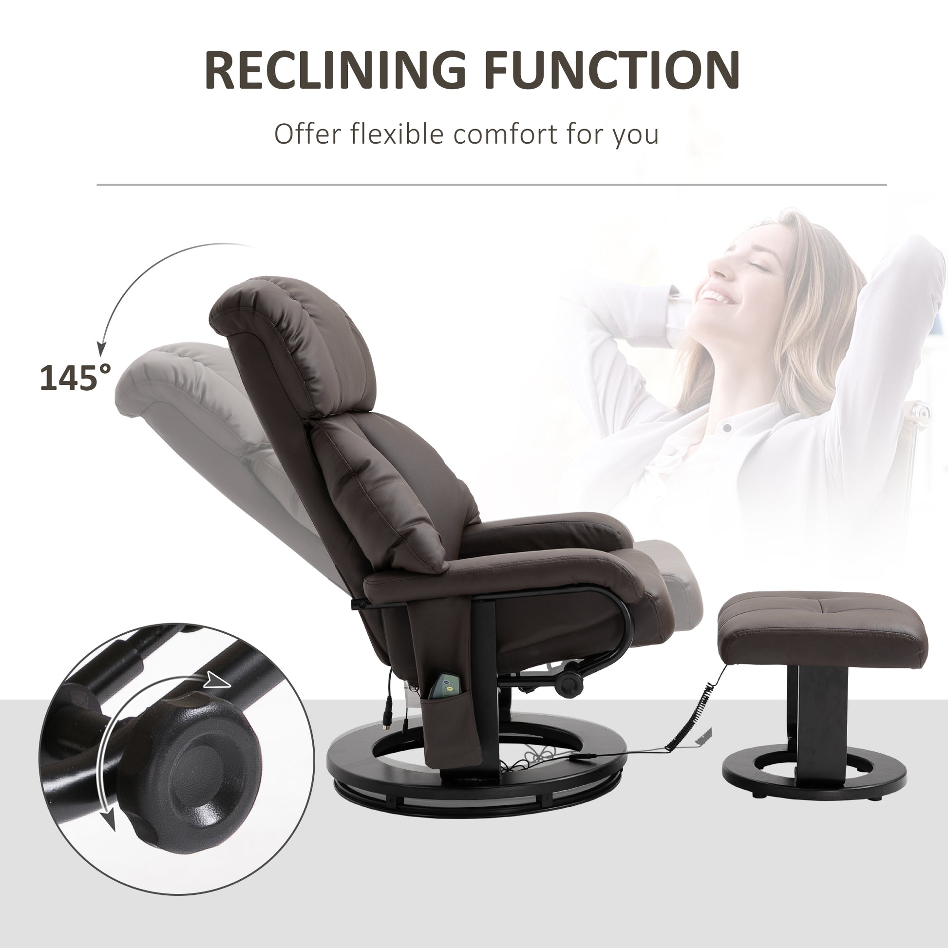 Homcom Massage Recliner Chair With Ottoman, 360 Swivel Recliner And Footstool, Pu Leather Reclining Chair With Side Pocket And Remote Control, Brown Brown Wood