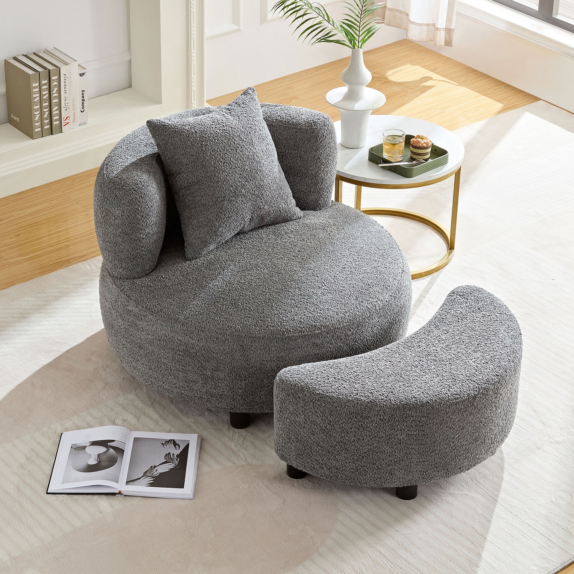 Modern Chair, Single Teddy Fabric Sofa Chair With Ottoman,Sidetable, Foot Rest Comfy Chair For Living Room Bedroom And Office,Grey Grey Foam Fabric