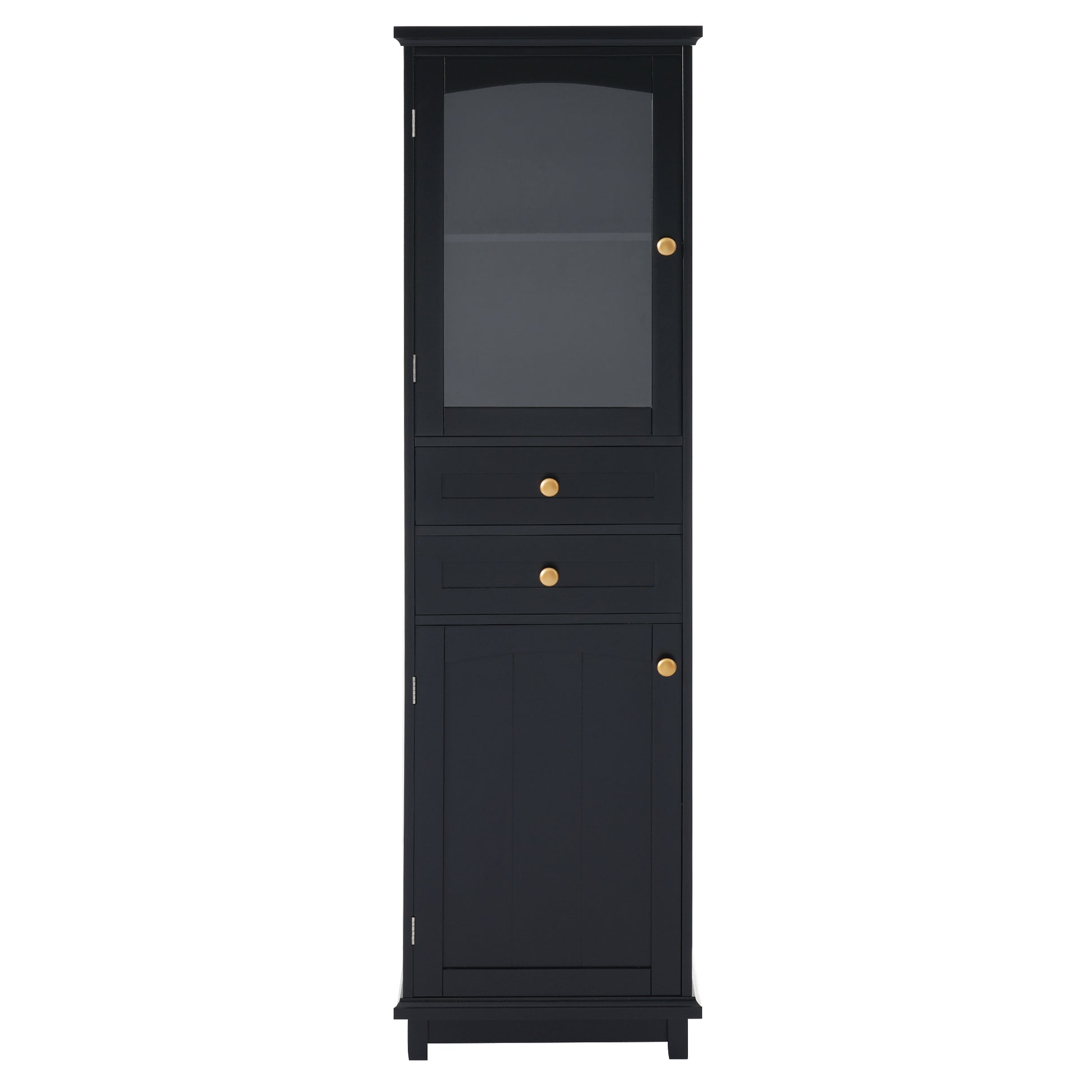 Tall Bathroom Storage Cabinet With Glass Doors, Free Standing, Two Drawers, And Adjustable Shelves, Mdf Board, Painted Black Perfect For Displaying Your Favorite Items 2 Black 2 4 Adjustable Shelves Bathroom Freestanding Partice Board Mdf Pine Wood