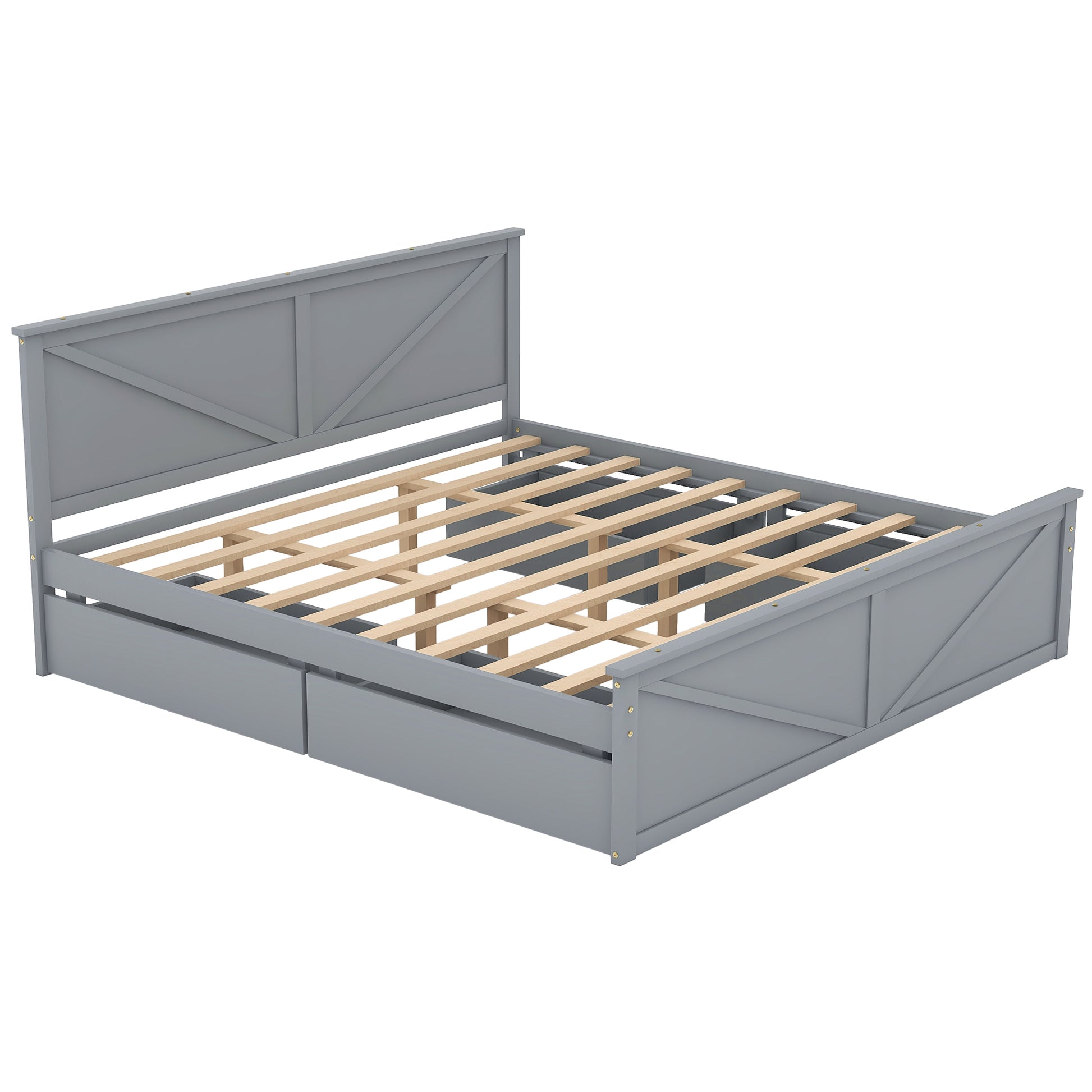 King Size Wooden Platform Bed With Four Storage Drawers And Support Legs, Gray King Gray Pine