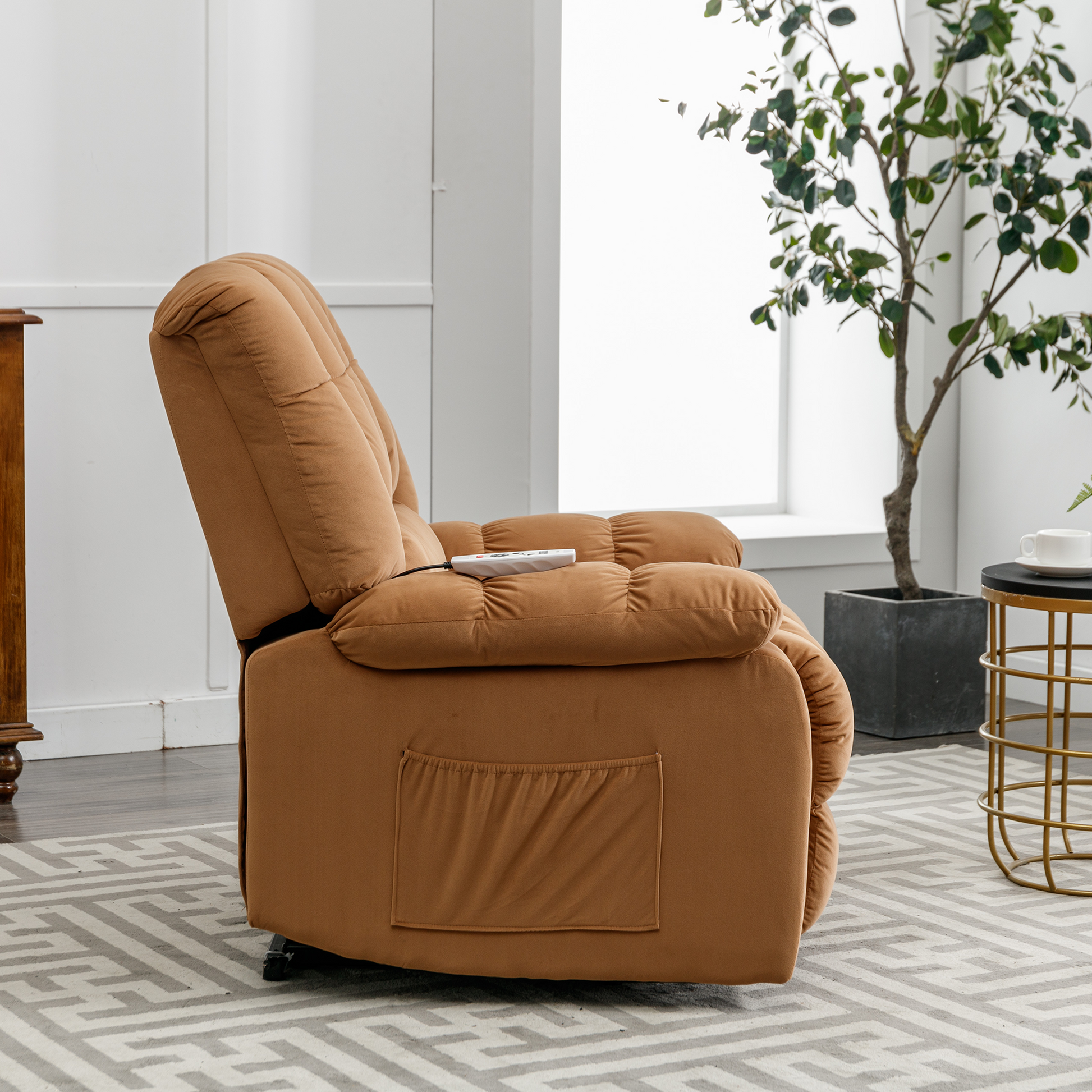 Massage Recliner Chair Electric Power Lift Recliner Chairs With Heat, Vibration, Side Pocket For Living Room, Bedroom, Light Brown Light Brown Velvet