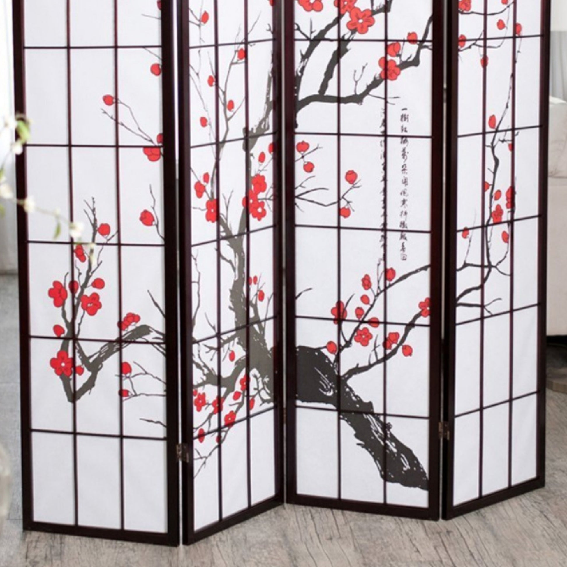 70" Tall 4 Panel Screen Room Divider, Plum Blossom Design With Black Finish Black Wood