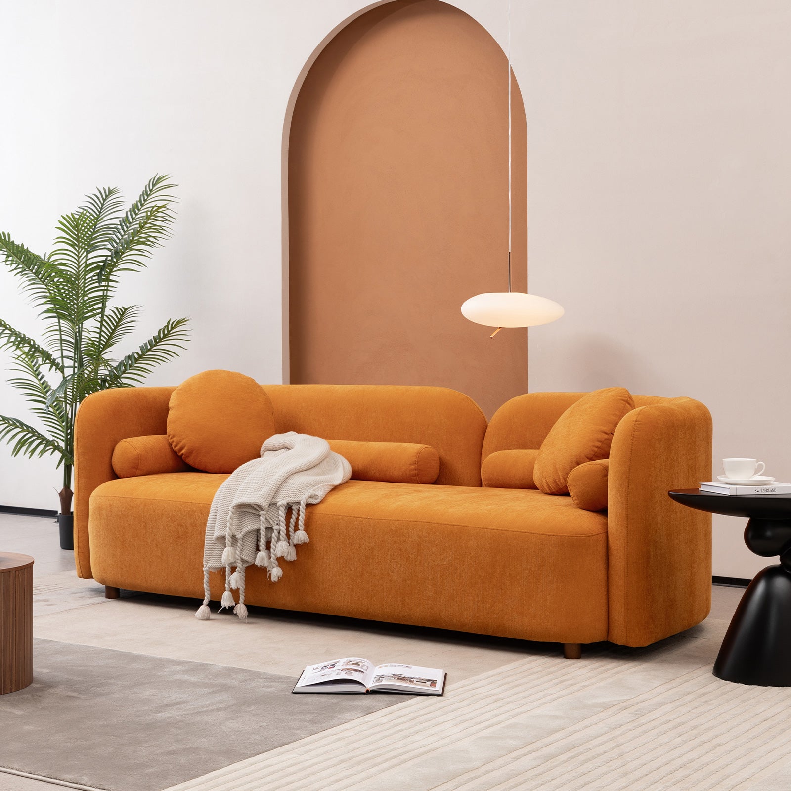 Luxury Modern Couch For Living Room, Chenille Upholstered Comfy Couch For Apartment Home Office, 3 Seater Orange Brown Chenille Wood Primary Living Space Minimalist Eucalyptus Foam Fabric 3 Seat