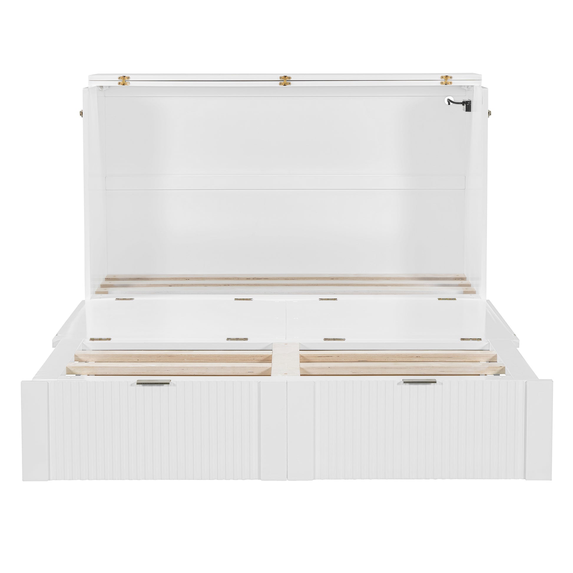 Full Size Murphy Bed With Drawer And A Set Of Sockets & Usb Ports, Pulley Structure Design, White Full White Plywood