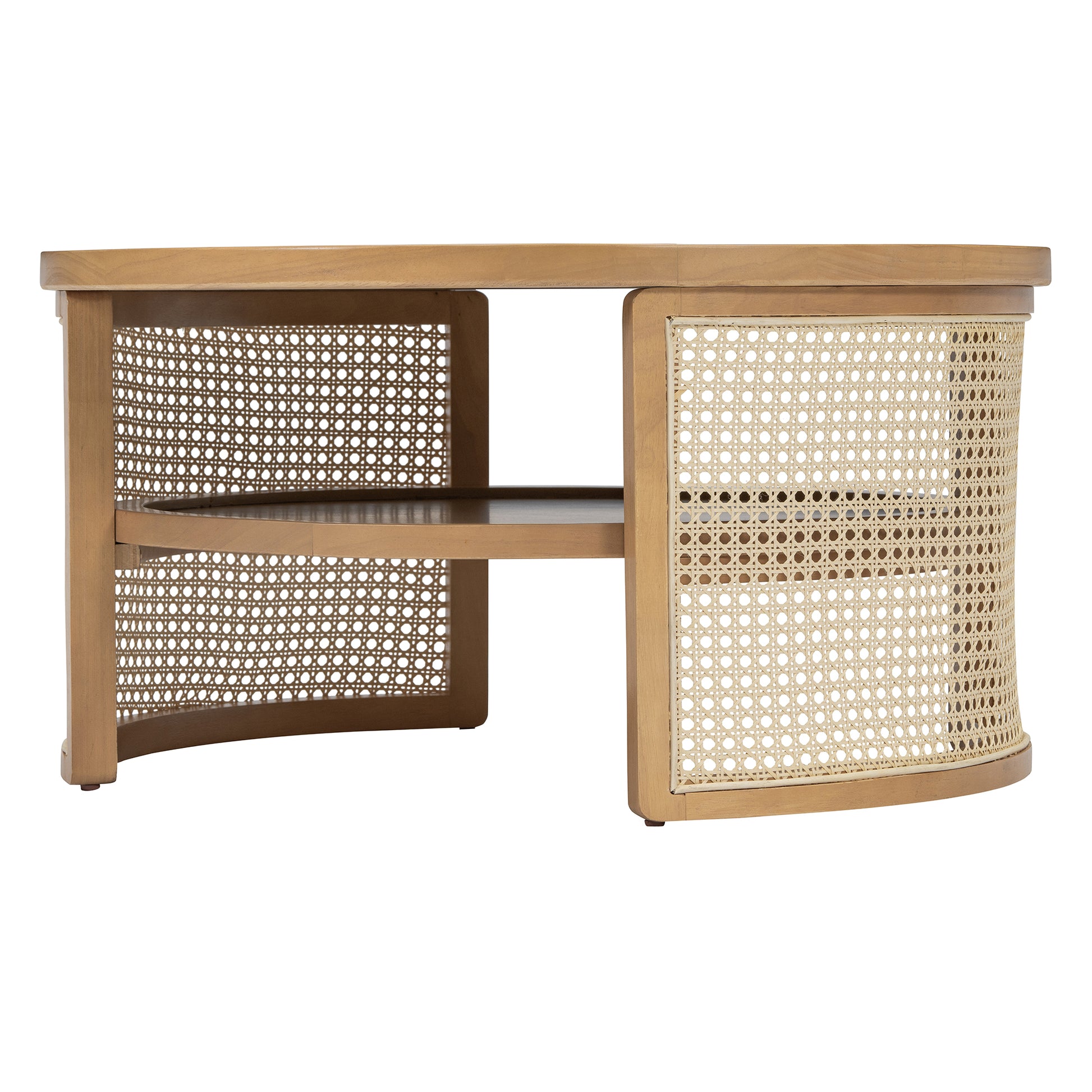 2 Tiered Round Natural Wood Coffee Table With Storage Rattan Base In 31.3'' Natural Rubber Wood