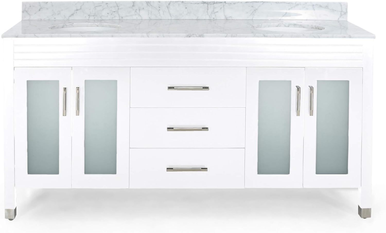 73'' Bathroom Vanity With Marble Top & Double Ceramic Sinks, 4 Doors With Glass, 3 Drawers, White White Solid Wood Mdf