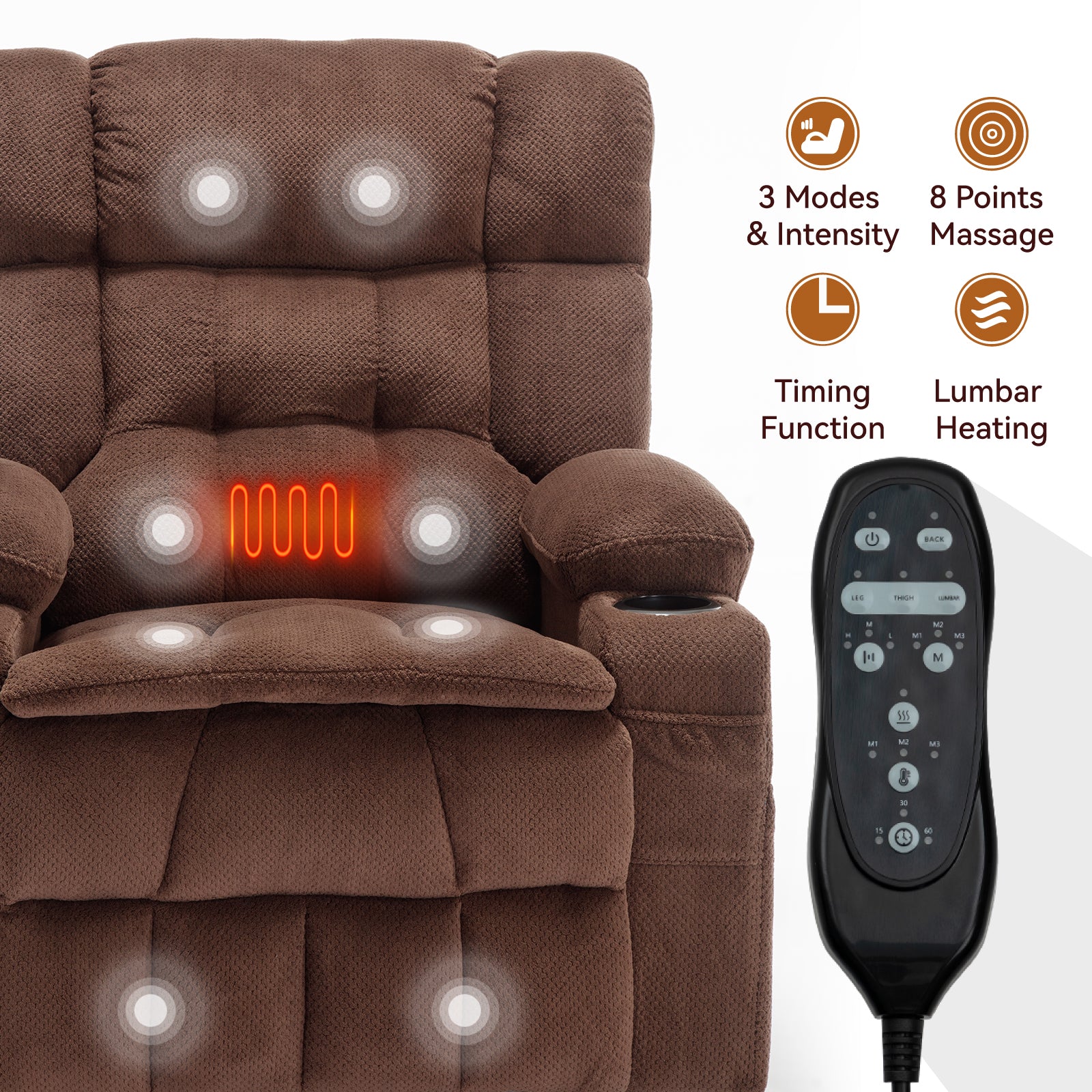 Brown Dual Motor Infinite Position Up To 350 Lbs Chenille Power Lift Recliner Chair, Heavy Duty Motion Mechanism With 8 Point Vibration Massage And Lumbar Heating, Dual Cup Holders White Metal