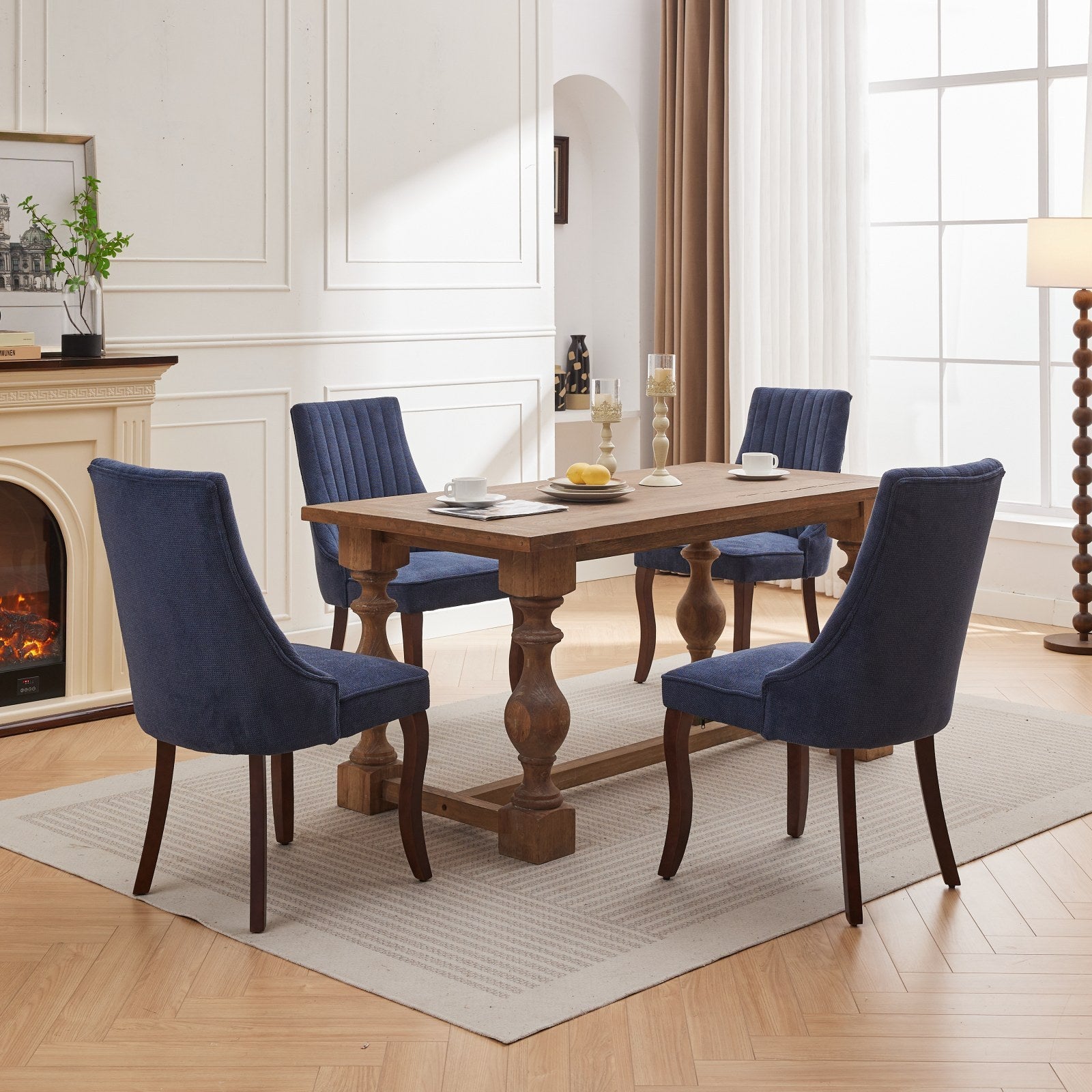 Rayon Cloth Flocking Linen Dining Chairs Channel Kitchen Dinner Chair Comfy Fabric Upholstered Accent Chair For Dining Room With Curved Solid Wood Legs,Set Of 2 Blue , Sw1847Bl Blue Light Brown Dining Room American Design,American Traditional Dining