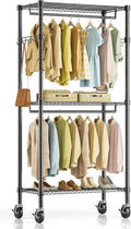 Rolling Clothes Rack, Heavy Duty Clothing Rack, 3 Shelf Portable Adjustable Wardrobe Closet With Wheels, Hanging Rods & Side Hooks, 29.5