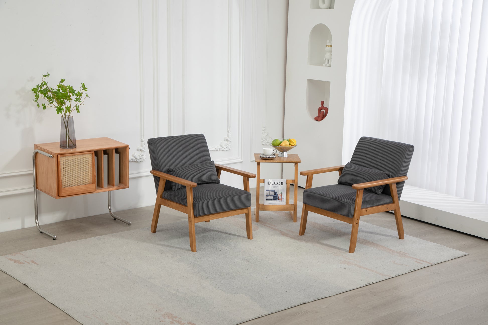 Leisure Chair With Solid Wood Armrest And Feet, Leisure Chair, Wood Frame, Velvet, L, Solid Rubber Wood Legs, Mid Century Modern Accent Chair, For Living Room Bedroom Studio Chair,Two Packs Dark Gray Corduroy