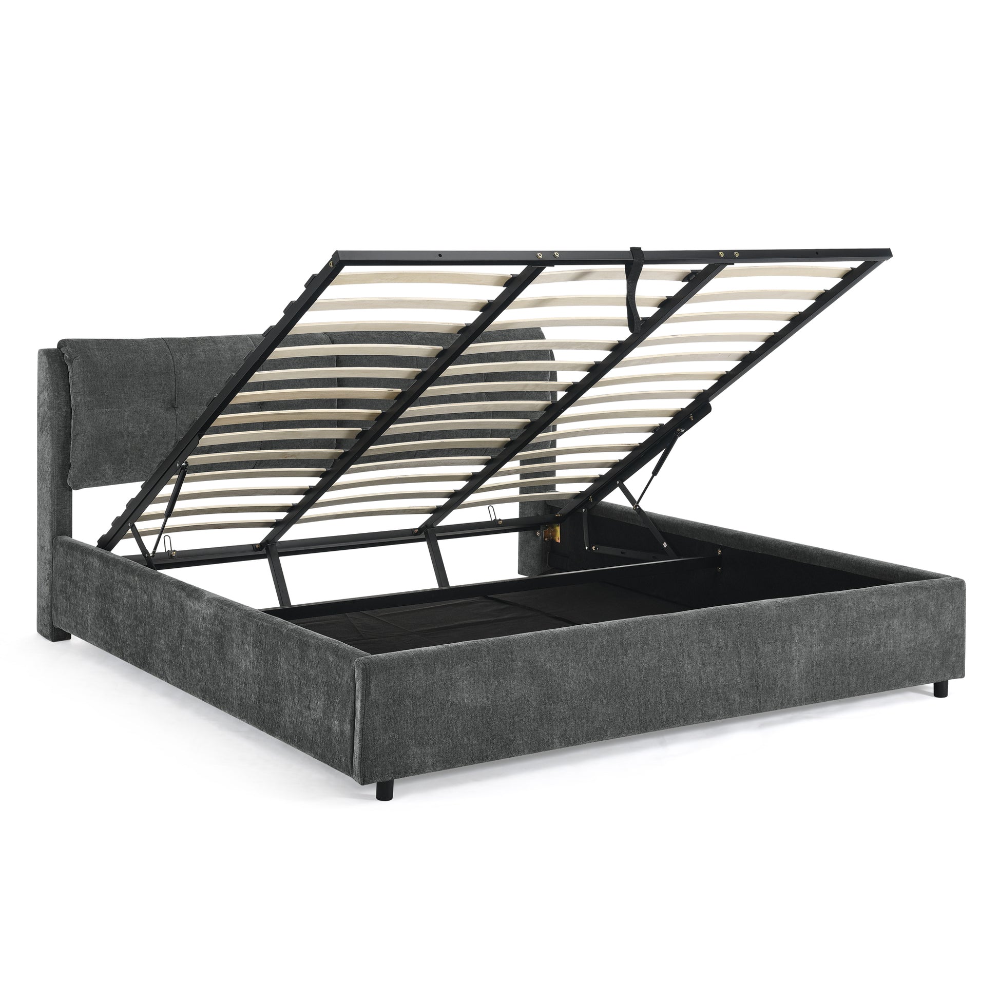 King Size Storage Upholstered Hydraulic Platform Bed With Integrated Headboard, Chenille Fabric, Gray King Gray Bedroom Luxury,Modern Chenille Chenille