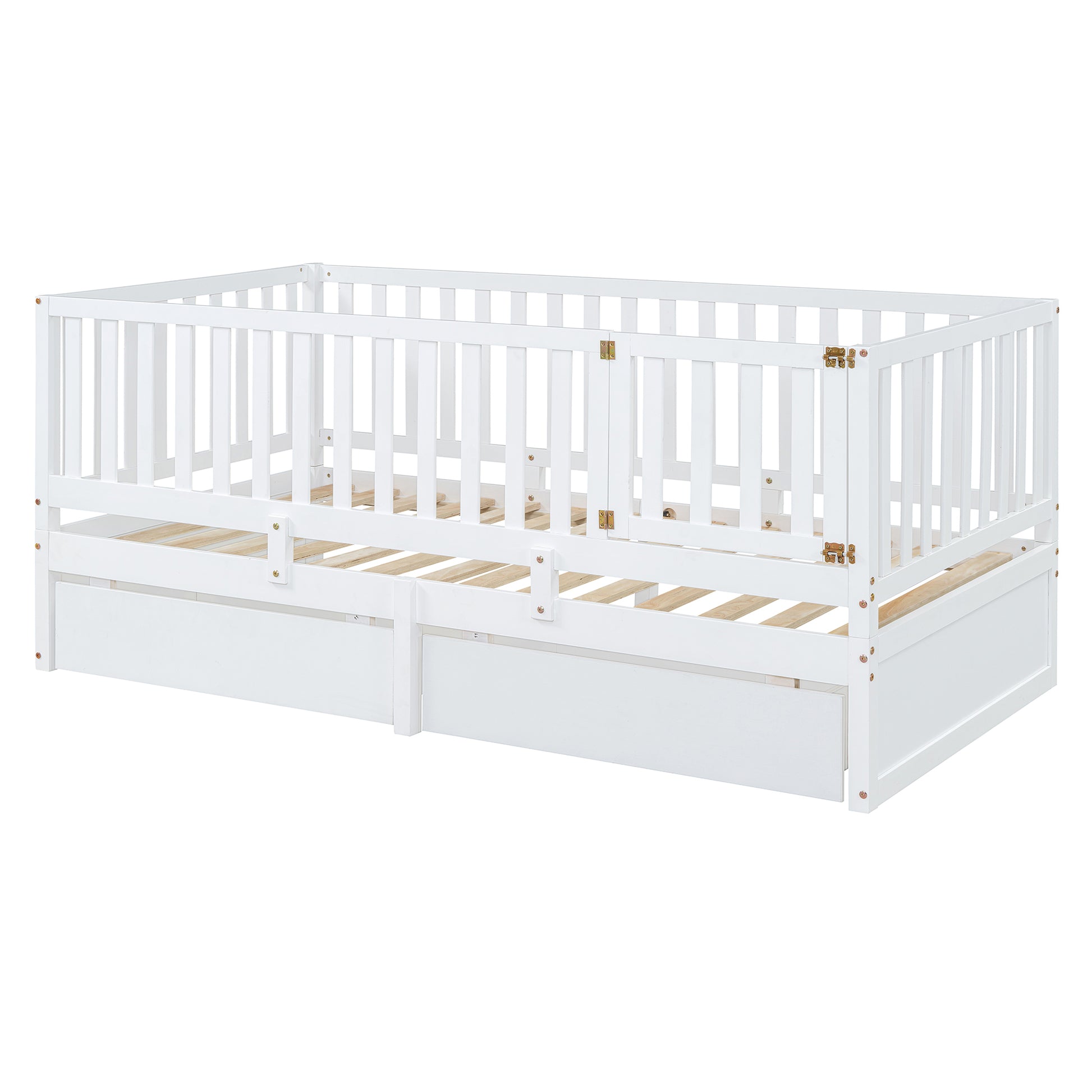 Twin Size Wood Daybed With Fence Guardrails And 2 Drawers, Split Into Independent Floor Bed & Daybed, White Old Sku :Lp000881Aak Twin White Solid Wood Mdf