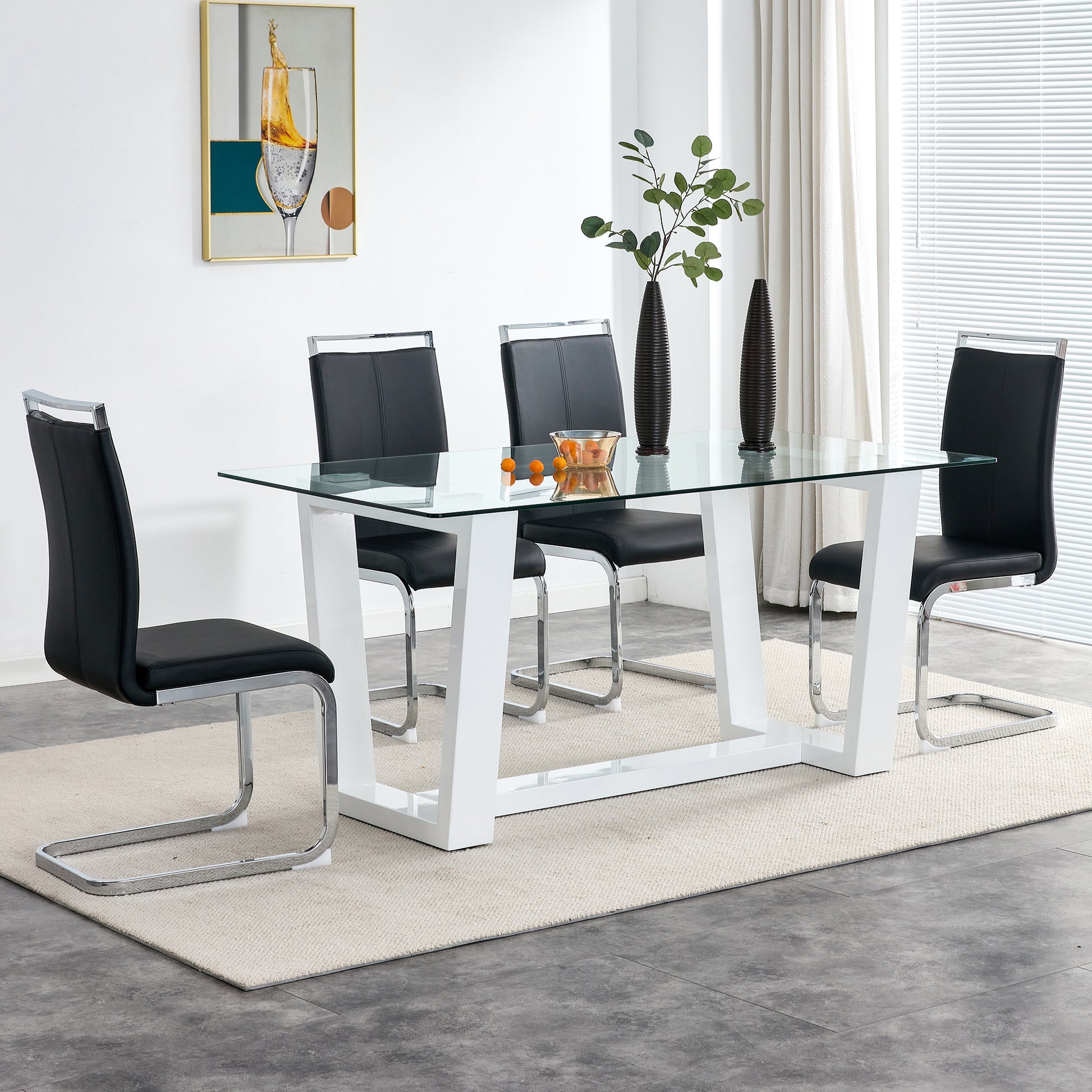 Glass Dining Table Large Modern Minimalist Rectangular For 6 8 With 0.4" Tempered Glass Tabletop And White Mdf Trapezoid Bracket,For Kitchen Dining Living Meeting Room Banquet Hall F 1550 Transparent Mdf Glass