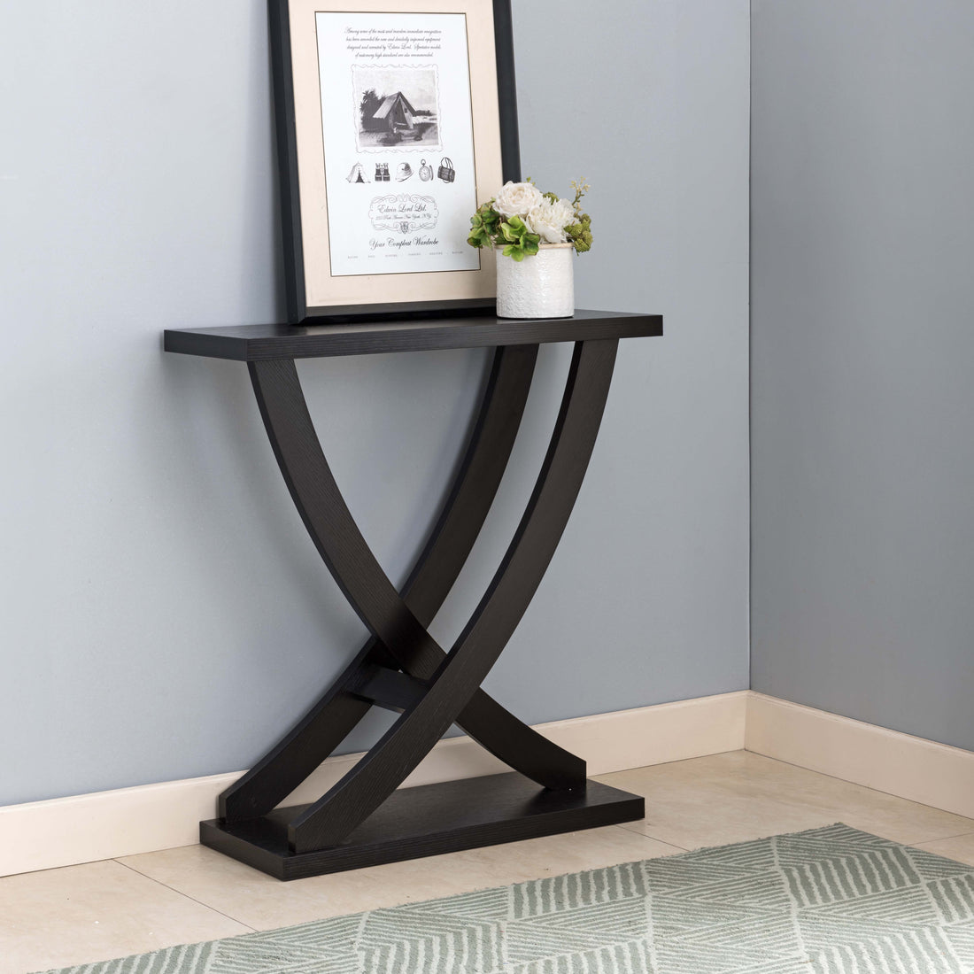 Elegant Red Cocoa Console Table With Curved Intersecting Legs And Spacious Top Dark Brown Mdf