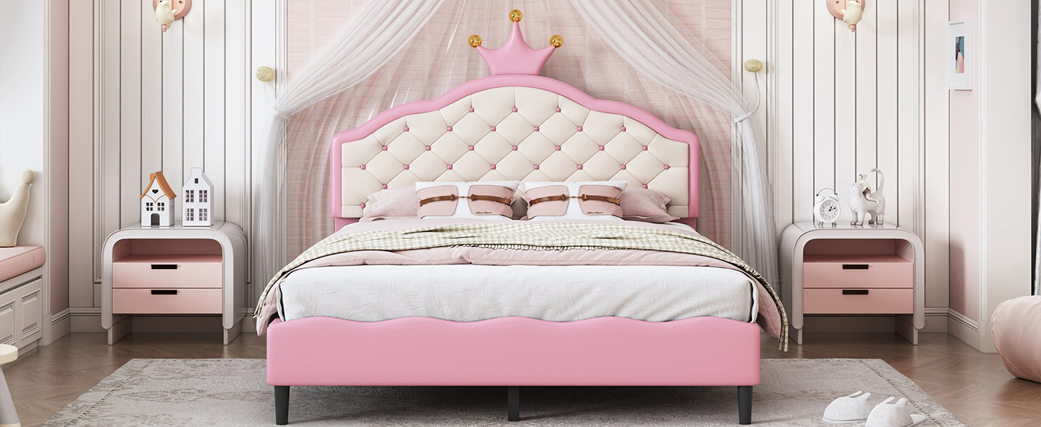 Full Size Lovely Crown Fantasy Pu Leather Princess Bed With Tufted Headboard, Pink Cream Full Pink Mdf Lvl