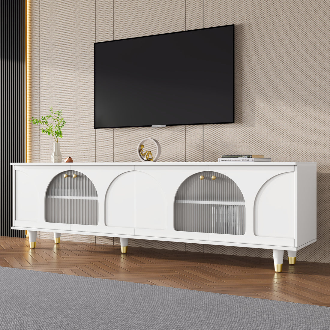 Contemporary Tv Stand With Adjustable Shelves For Tvs Up To 78'', Stylish Media Console With Gold Handles And Arch Fluted Glass Doors, Delicate Entertainment Center For Living Room, White White Primary Living Space 70 79 Inches 70 79 Inches Particle