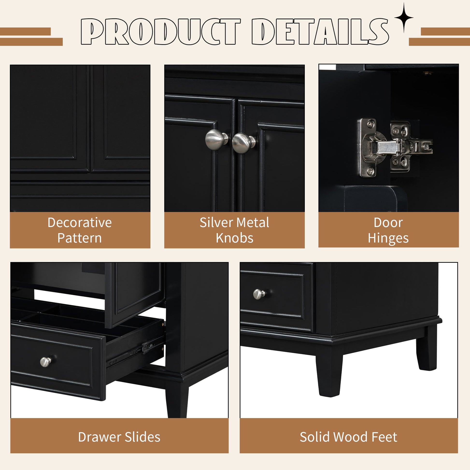 30" Bathroom Vanity Without Sink, Base Only, Multi Functional Bathroom Cabinet With Doors And Drawer, Solid Frame And Mdf Board, Black Black Solid Wood Mdf