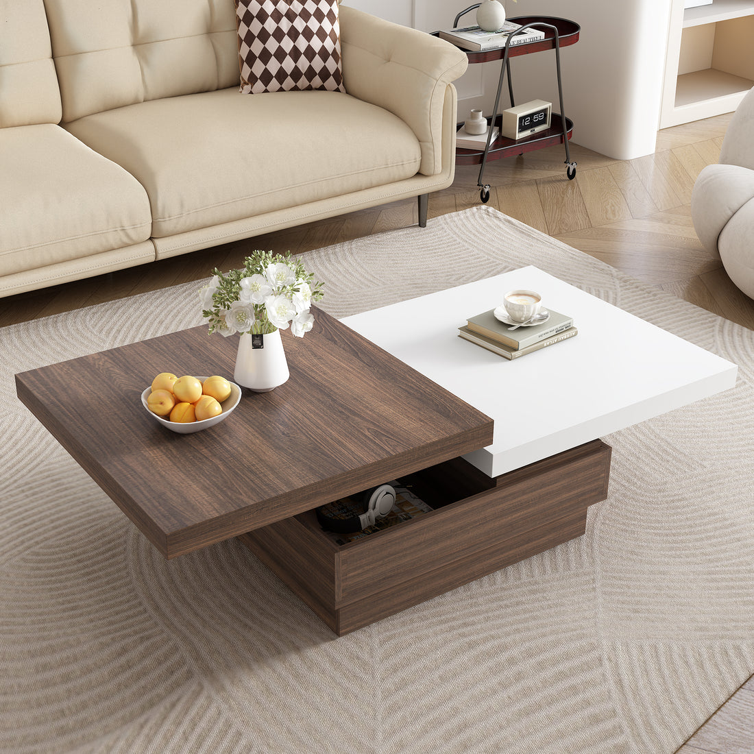 Rotatable Top Coffee Table, Modern Square Coffee Table With Wood Grain Design, 1 Hidden Storage Space For Living Room, White Brown White Mdf