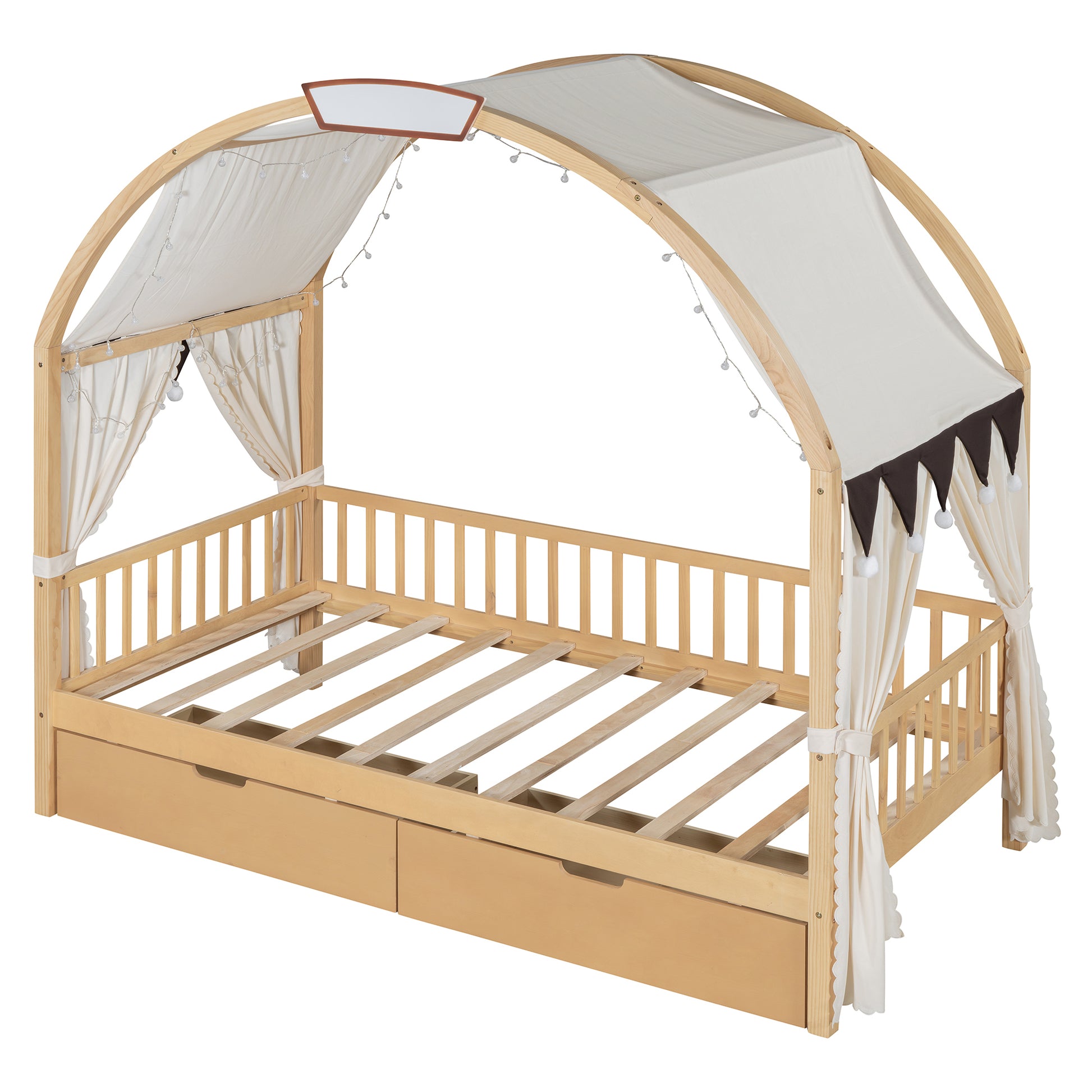 Twin Size Bed With Arched Roof And 2 Drawers, Natural Twin Natural Plywood