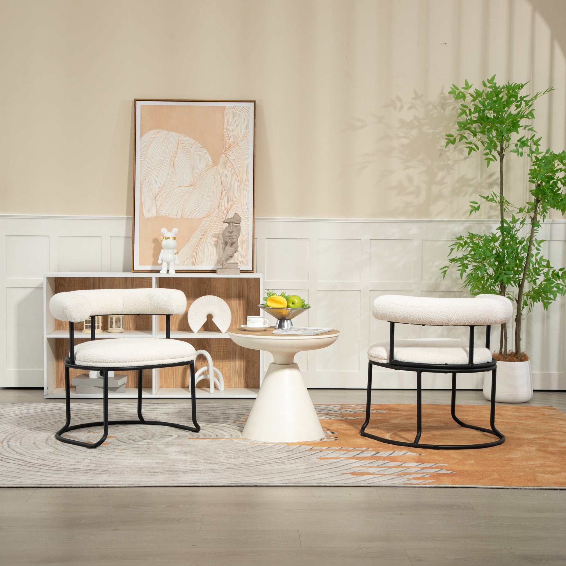 Coolmore Boucle Dining Chairs Set Of 2, Mid Century Modern Curved Backrest Chair, Round Upholstered Kitchen Chairs Beige Boucle Beige Foam Mdf Metal