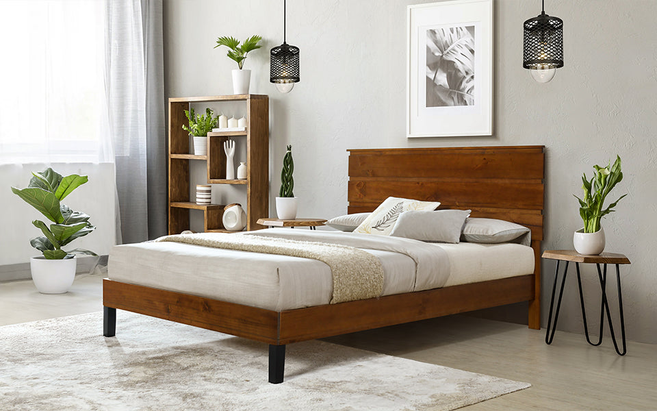 Mid Century Modern Solid Wood Bed Frame Queen Size Platform Bed With Three Piece Headboard Design, No Box Spring Needed, Brown Queen Brown Pine