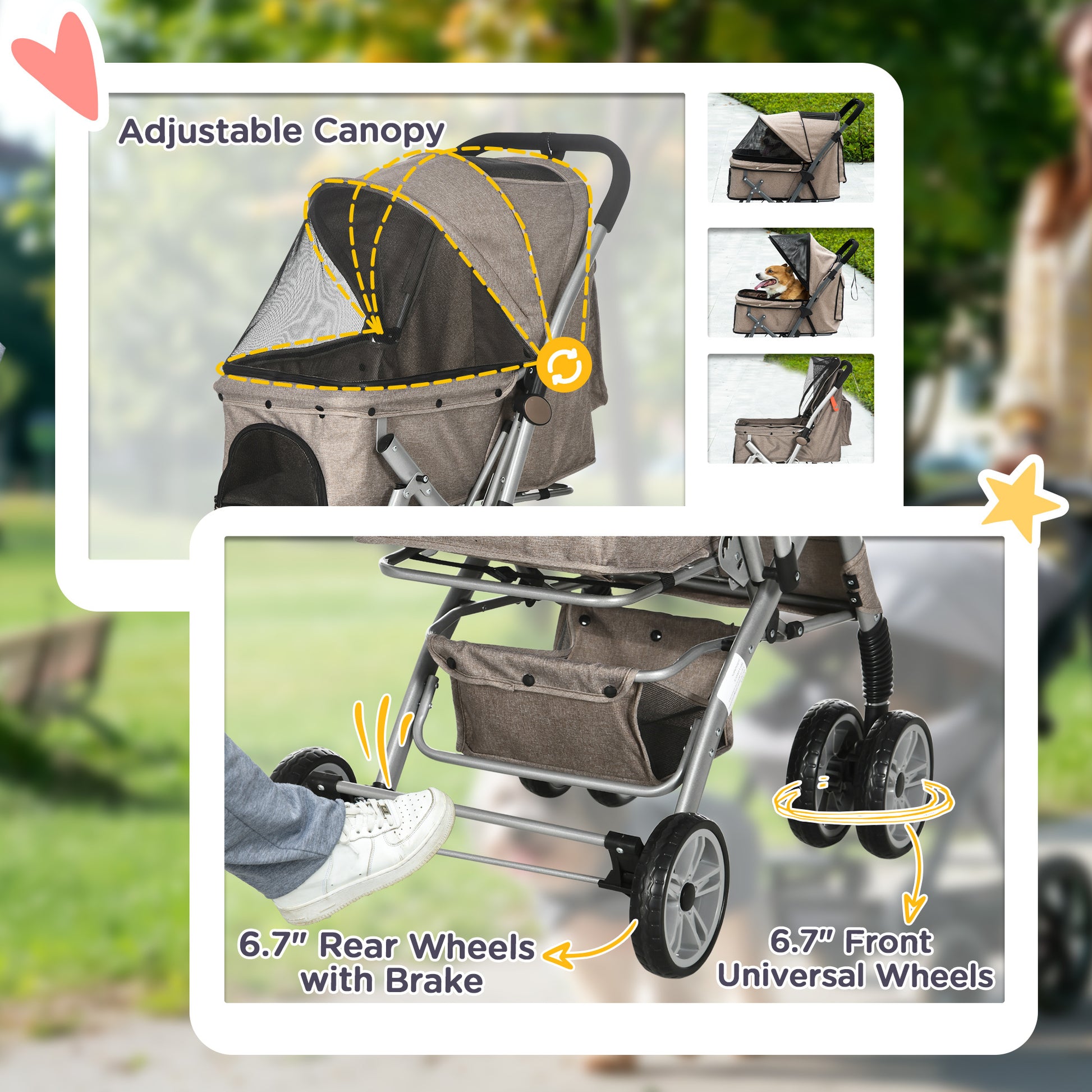 Pawhut Dog Stroller For Small Dogs Cats, 4 Wheels One Click Fold Pet Stroller With Swivel Wheels, Brake, Basket Storage, Safety Belts, Adjustable Canopy, Zippered Mesh Window Door, Brown Brown Steel