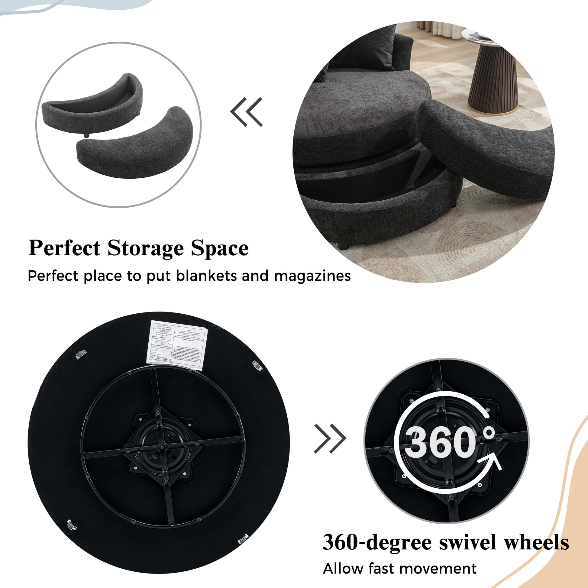 Orisfur. 360 Swivel Accent Barrel Chair With Storage Ottoman & 4 Pillows, Modern Chenille Leisure Chair Round Accent For Living Room, Gray Gray Foam Chenille