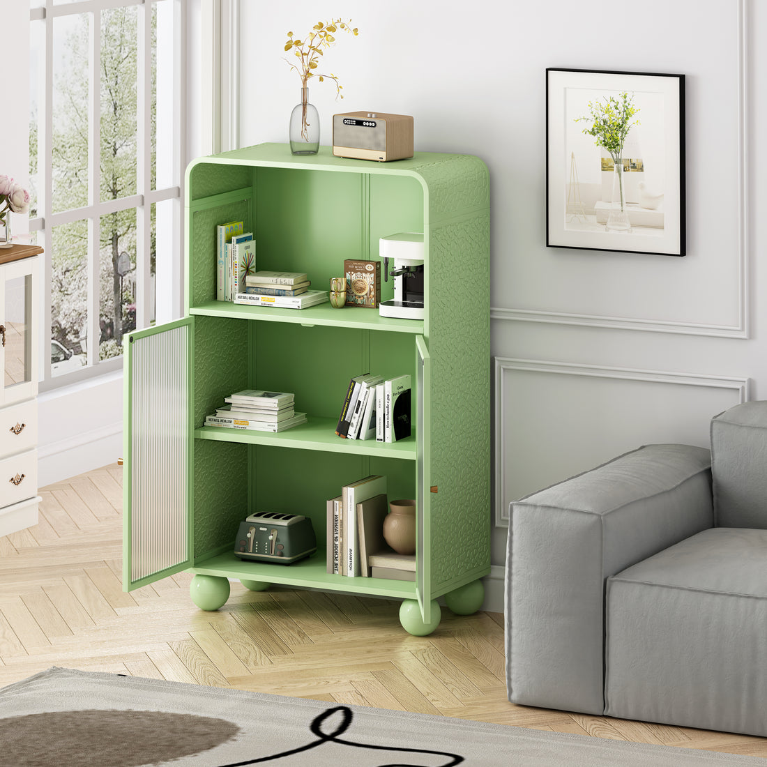 45.28" H Storage Cabinet, Bathroom Floor Cabinet With Glass Door And Shelves, Freestanding Display Storage Cabinet For Bathroom, Living Room, Kitchen, Home Office,Green Green Glass Metal